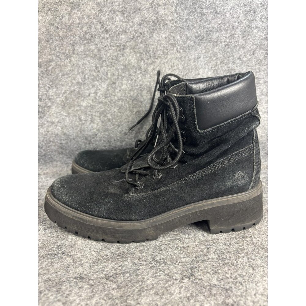 Timberland Boots Womens Size‎ 7 Black Suede Lace Up Padded Collar Lug Sole A1U3X